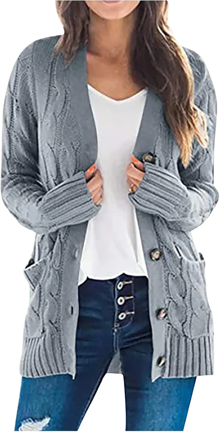 Cardigan Sweaters for Women Open Front Cardigan Sweater Fashion Button Knit Chunky Outwear Plus Size Coats Pocket