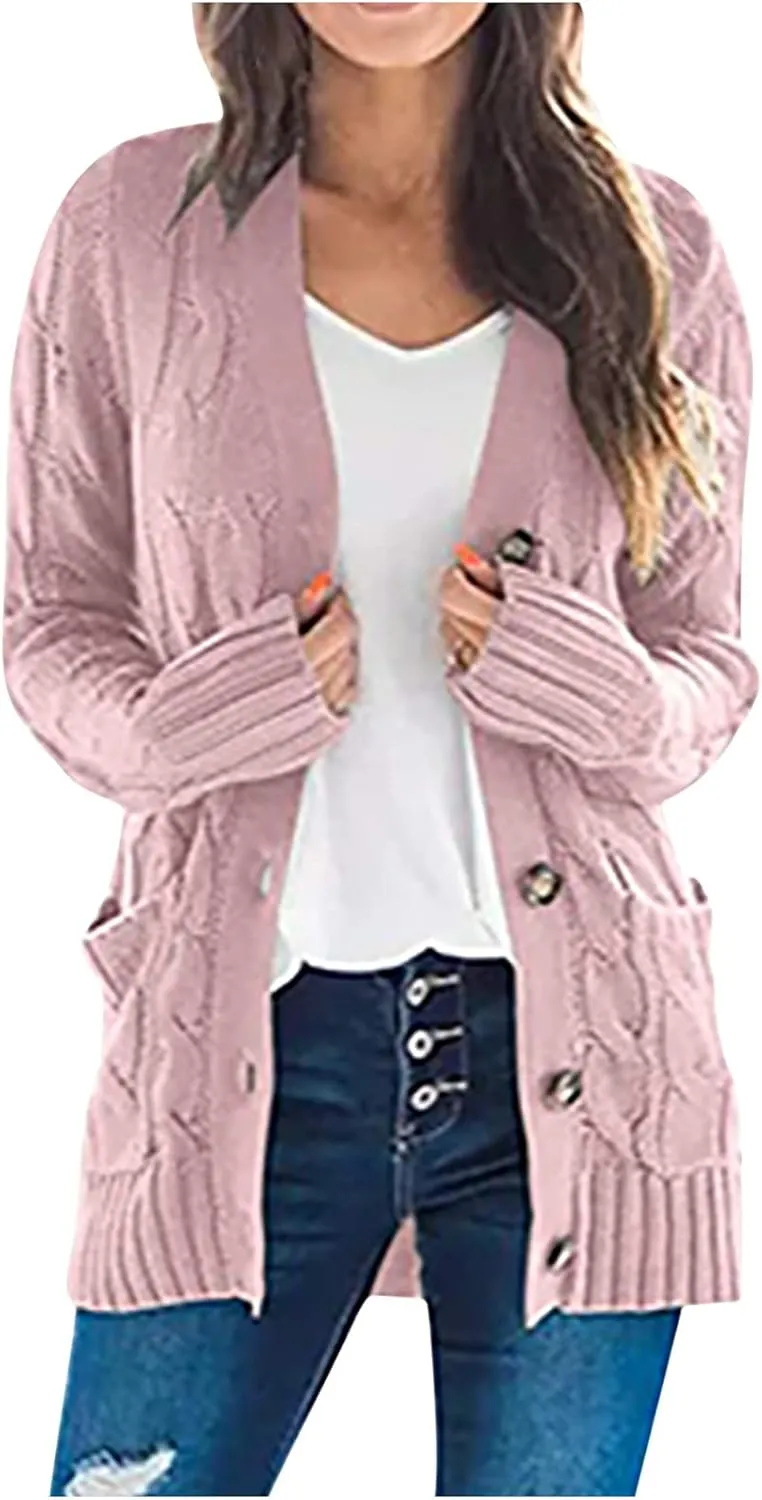 Cardigan Sweaters for Women Open Front Cardigan Sweater Fashion Button Knit Chunky Outwear Plus Size Coats Pocket