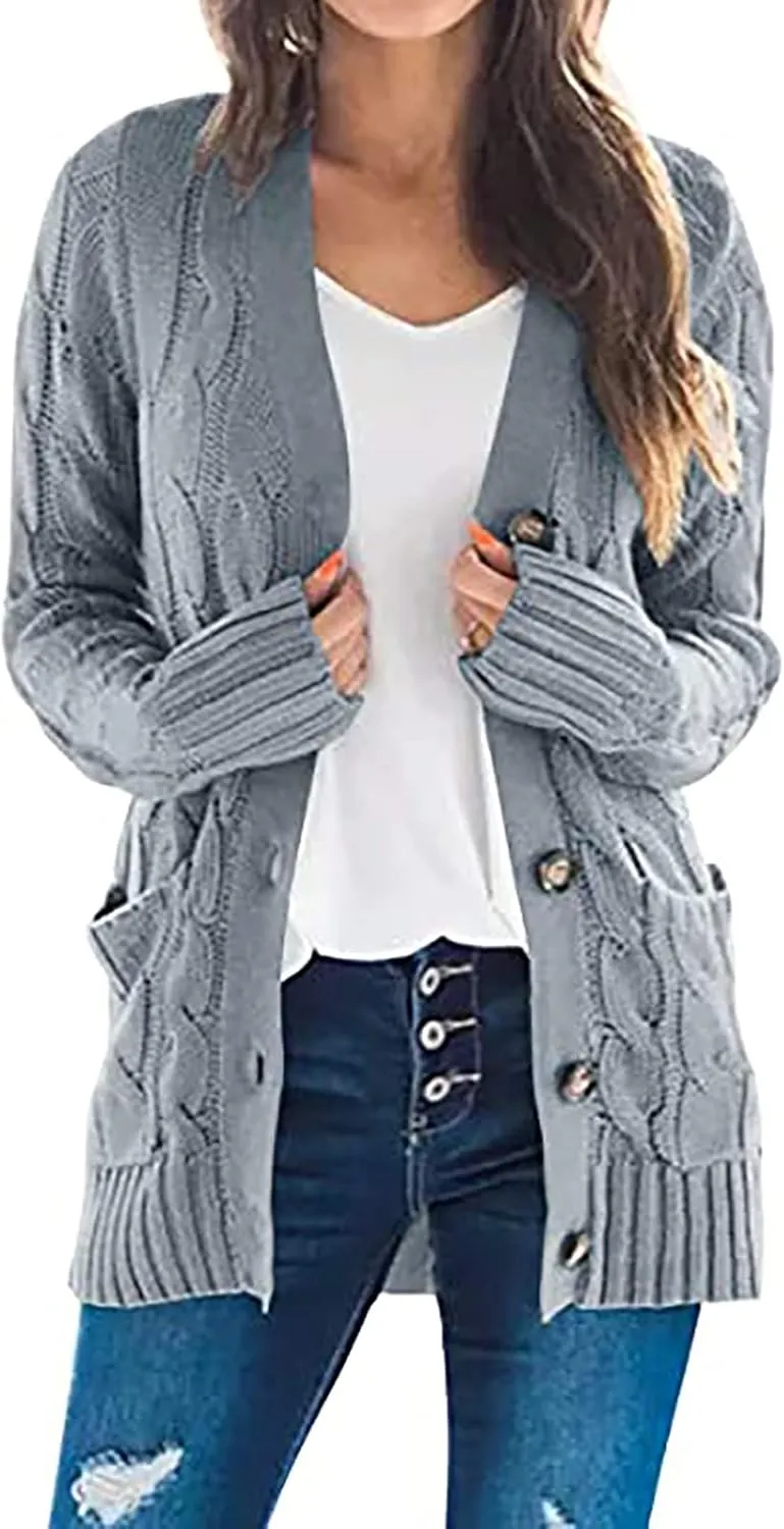 Cardigan Sweaters for Women Open Front Cardigan Sweater Fashion Button Knit Chunky Outwear Plus Size Coats Pocket