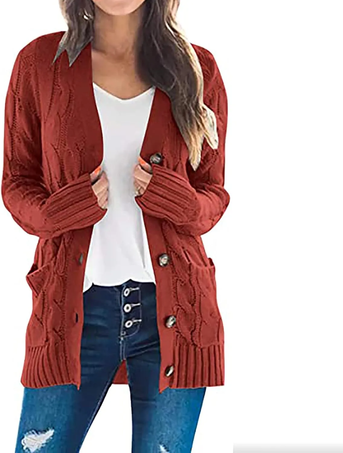 Cardigan Sweaters for Women Trendy Button Down Cable Knit Chunky Coat Fashion Open Front Outwear with Pockets
