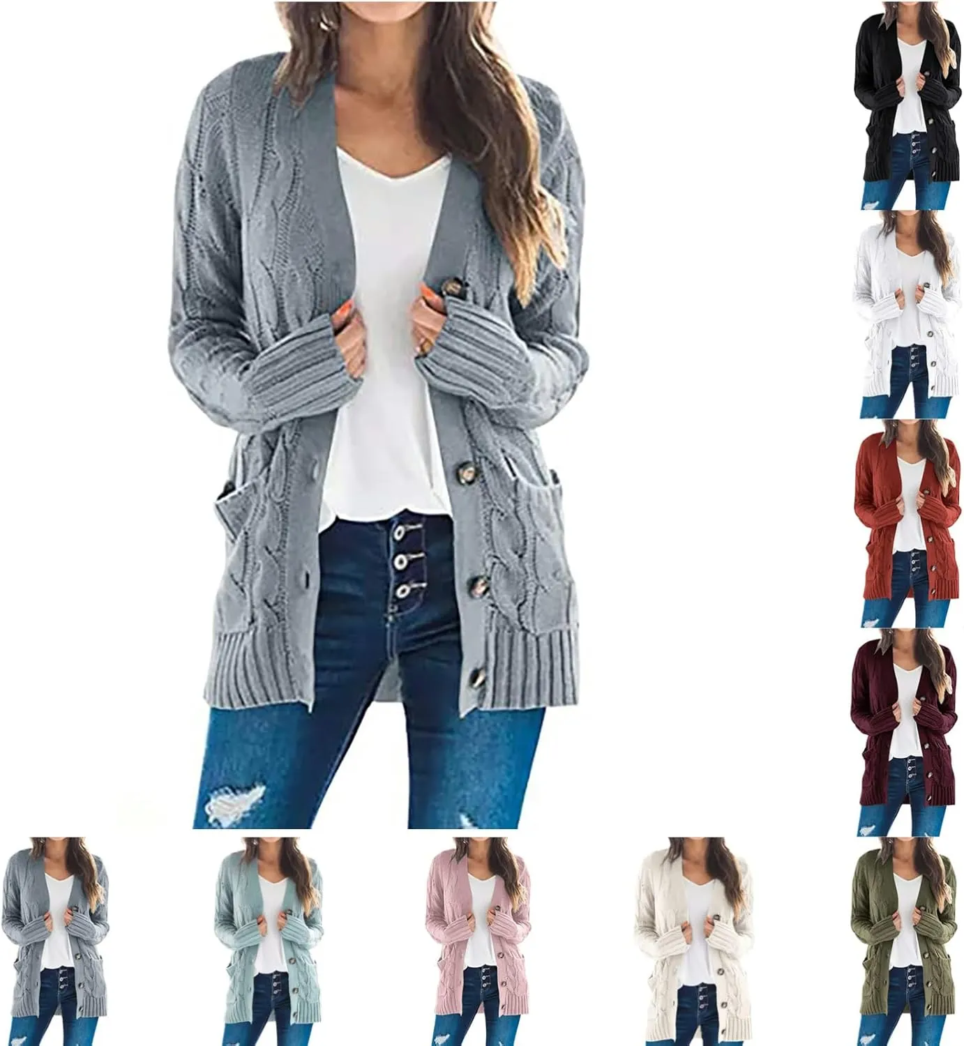 Cardigan Sweaters for Women Trendy Button Down Cable Knit Chunky Coat Fashion Open Front Outwear with Pockets