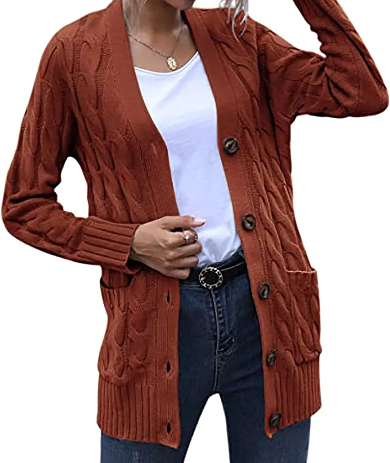 Cardigan Sweaters for Women Trendy Button Down Cable Knit Chunky Coat Fashion Open Front Outwear with Pockets