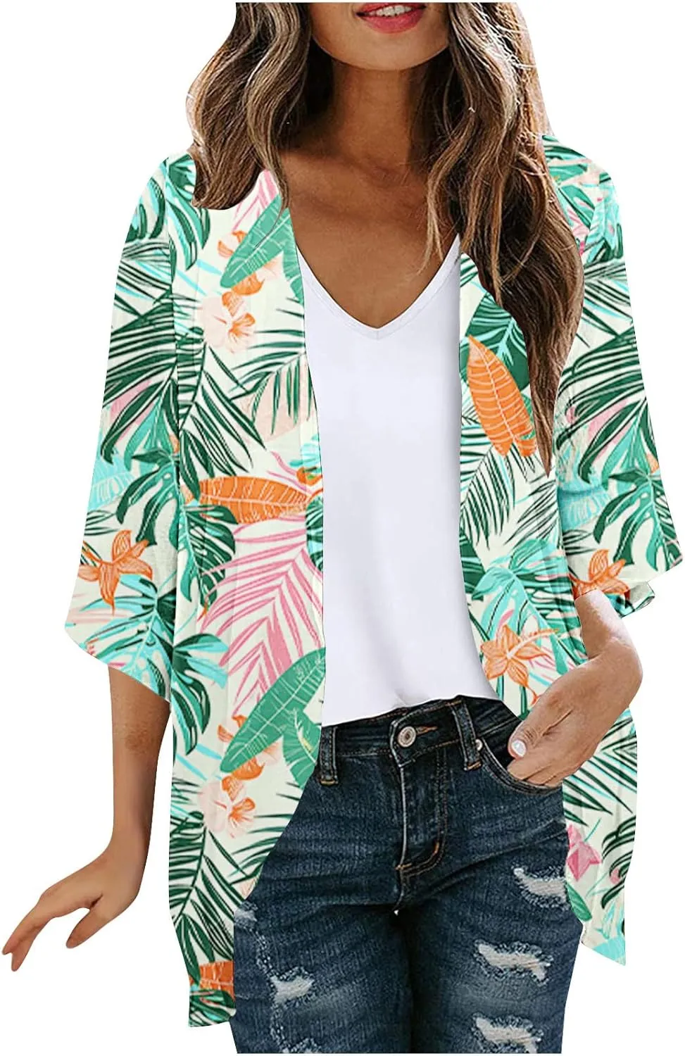 Cardigans for Women Trendy 3/4 Sleeve Open Front Cardigan Floral Printed Boho Kimono Summer Vacation Outfits