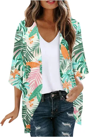 Cardigans for Women Trendy 3/4 Sleeve Open Front Cardigan Floral Printed Boho Kimono Summer Vacation Outfits