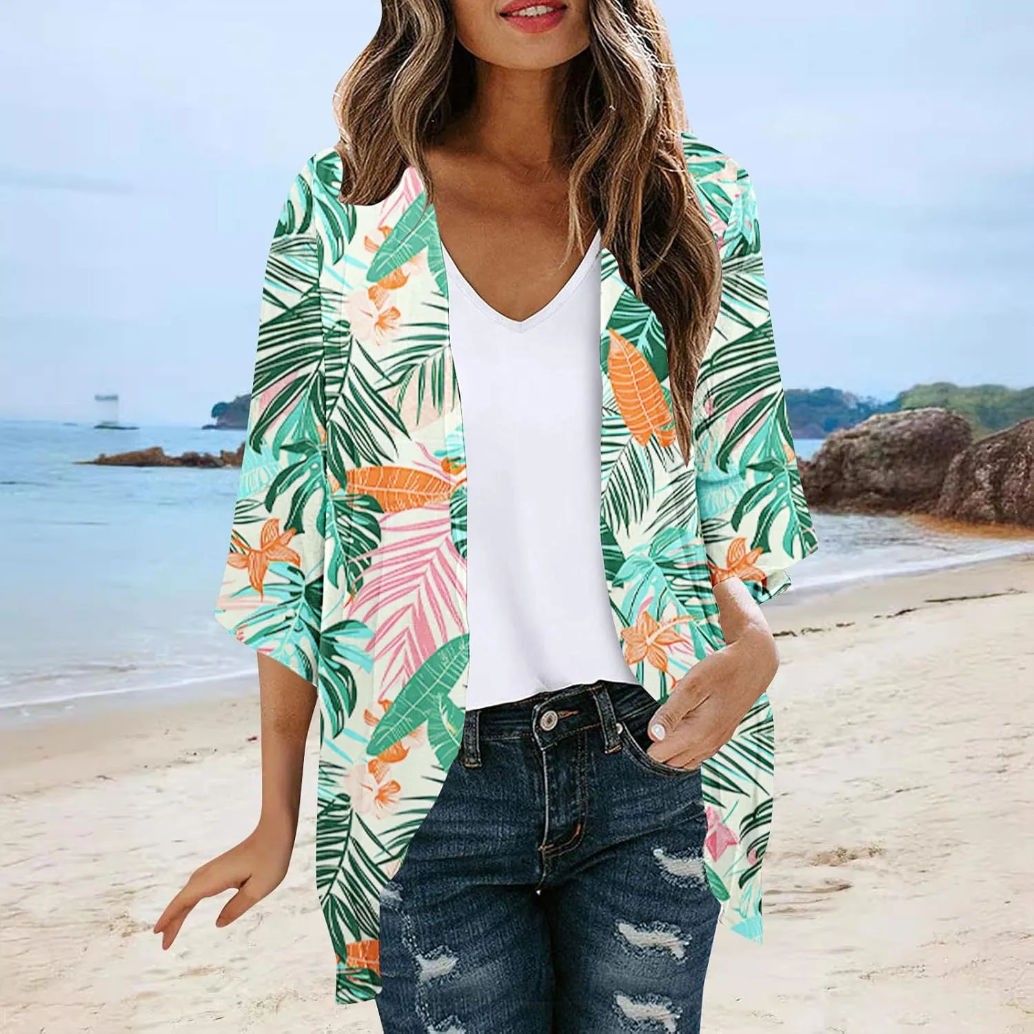 Cardigans for Women Trendy 3/4 Sleeve Open Front Cardigan Floral Printed Boho Kimono Summer Vacation Outfits