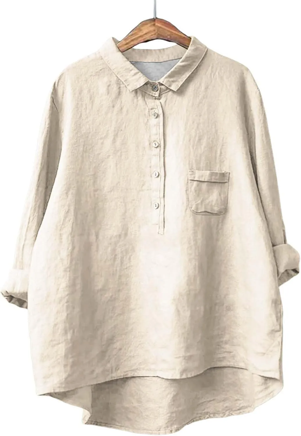 Casual 3/4 Sleeve Shirt for Women Summer Cotton Lapel Neck Button Down Shirts with Pockets Fashion Solid Color Blouse