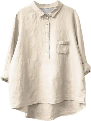 Casual 3/4 Sleeve Shirt for Women Summer Cotton Lapel Neck Button Down Shirts with Pockets Fashion Solid Color Blouse