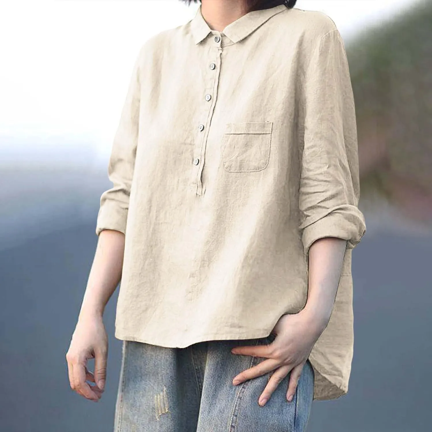 Casual 3/4 Sleeve Shirt for Women Summer Cotton Lapel Neck Button Down Shirts with Pockets Fashion Solid Color Blouse