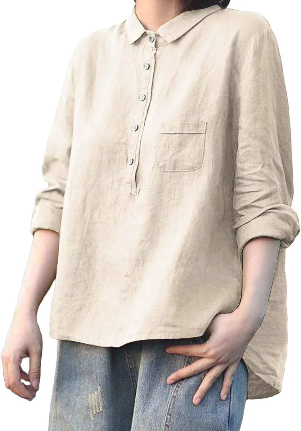 Casual 3/4 Sleeve Shirt for Women Summer Cotton Lapel Neck Button Down Shirts with Pockets Fashion Solid Color Blouse