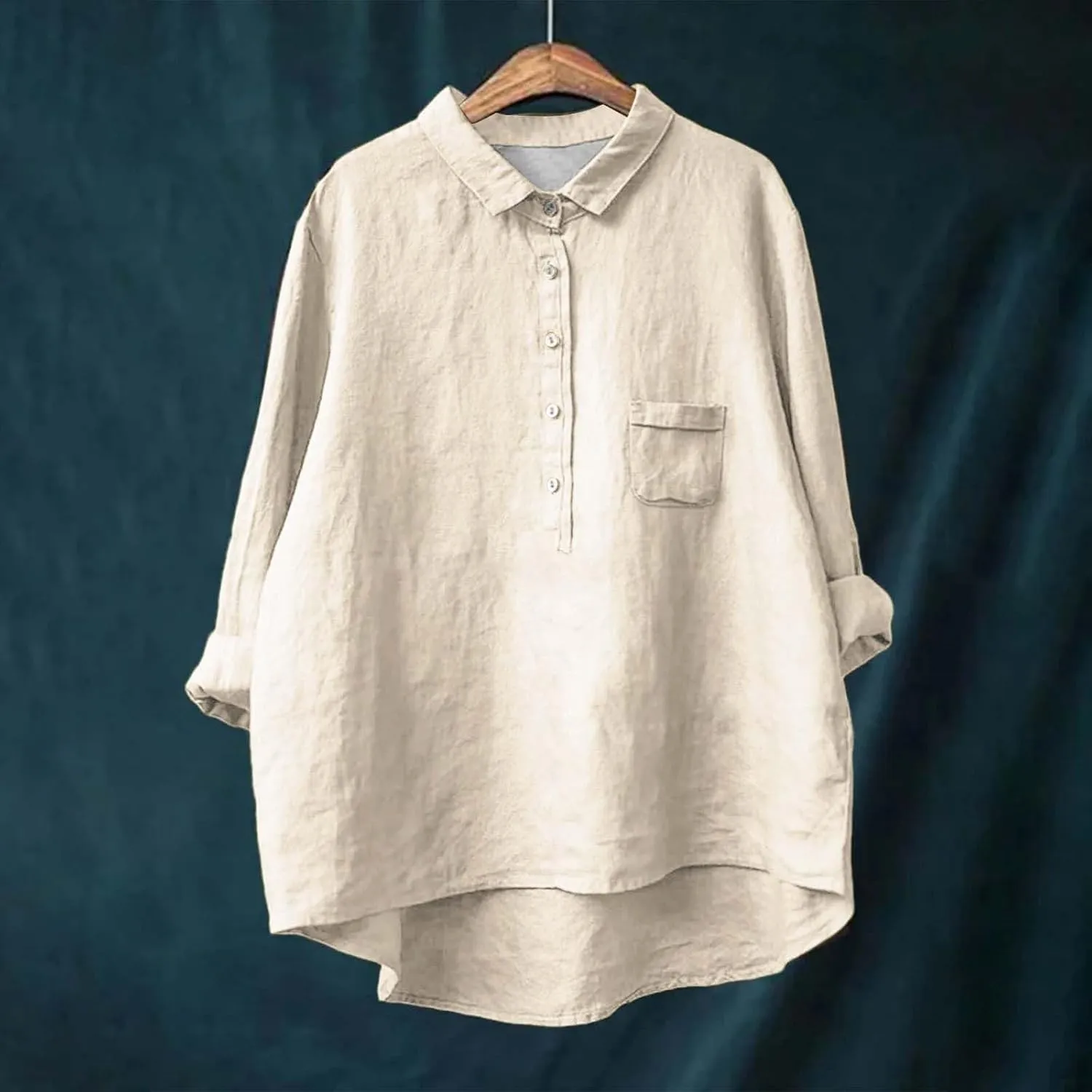 Casual 3/4 Sleeve Shirt for Women Summer Cotton Lapel Neck Button Down Shirts with Pockets Fashion Solid Color Blouse