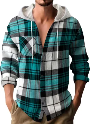 Casual Plaid Hoodies for Men Lightweght Hooded T Shirt Regular Fit Long Sleeve Button Down Shirts Jackets with Pocket