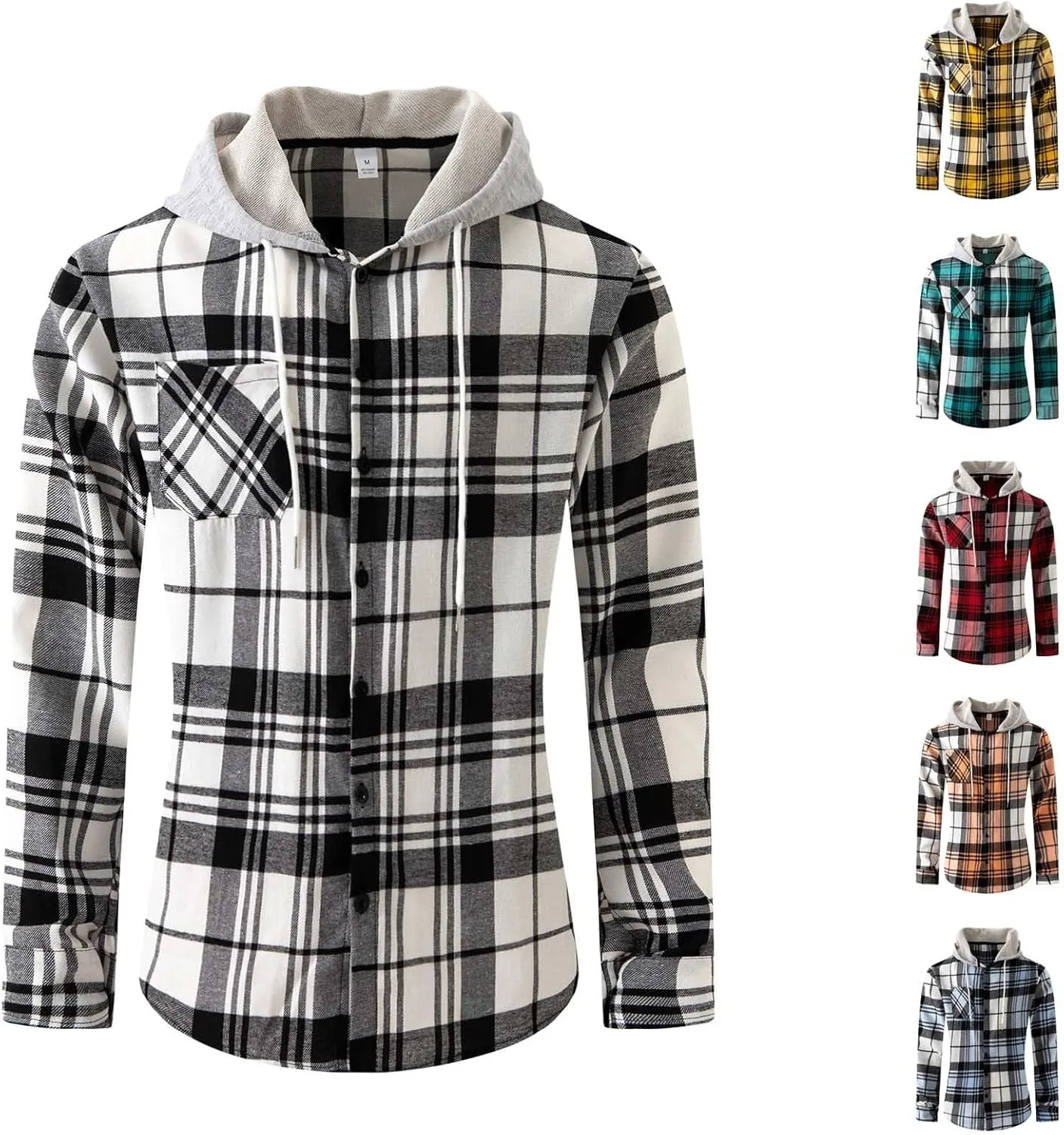 Casual Plaid Hoodies for Men Lightweght Hooded T Shirt Regular Fit Long Sleeve Button Down Shirts Jackets with Pocket