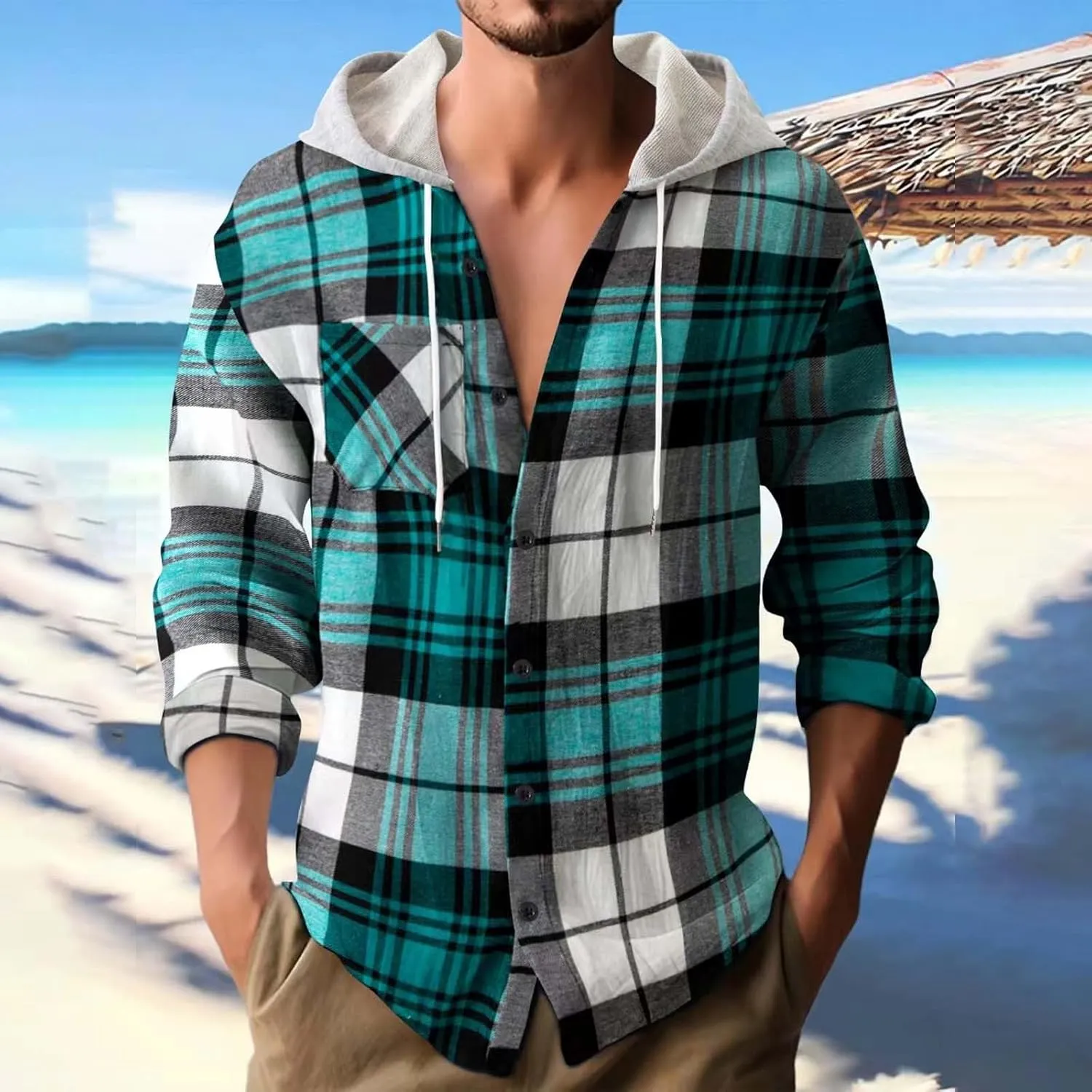 Casual Plaid Hoodies for Men Lightweght Hooded T Shirt Regular Fit Long Sleeve Button Down Shirts Jackets with Pocket