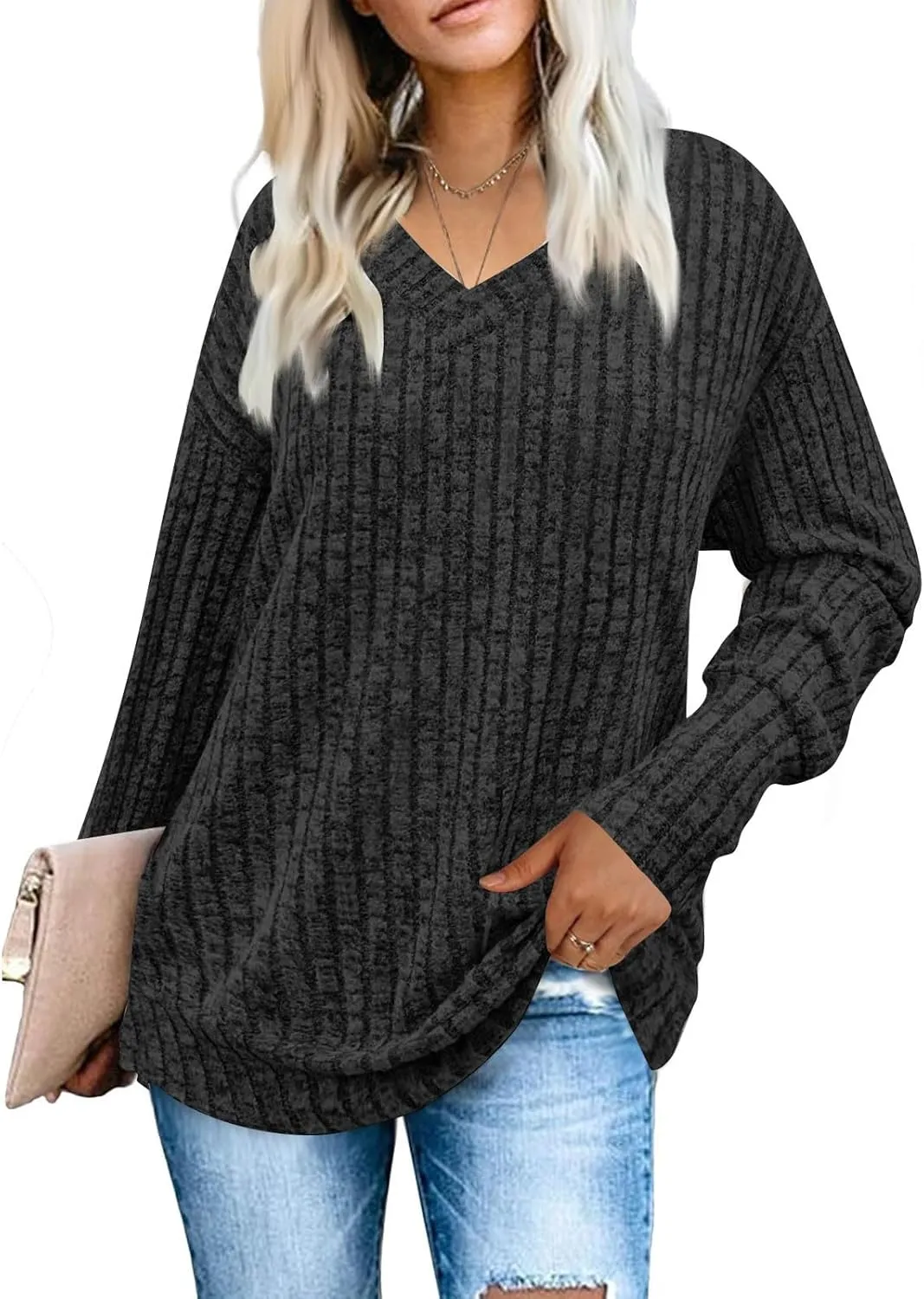 ChicCrate Sweaters for Women Trendy Long Sleeve Solid Color Ribbed Knit Sweater Cute Plus Size Tops Winter Teen Girl Clothes