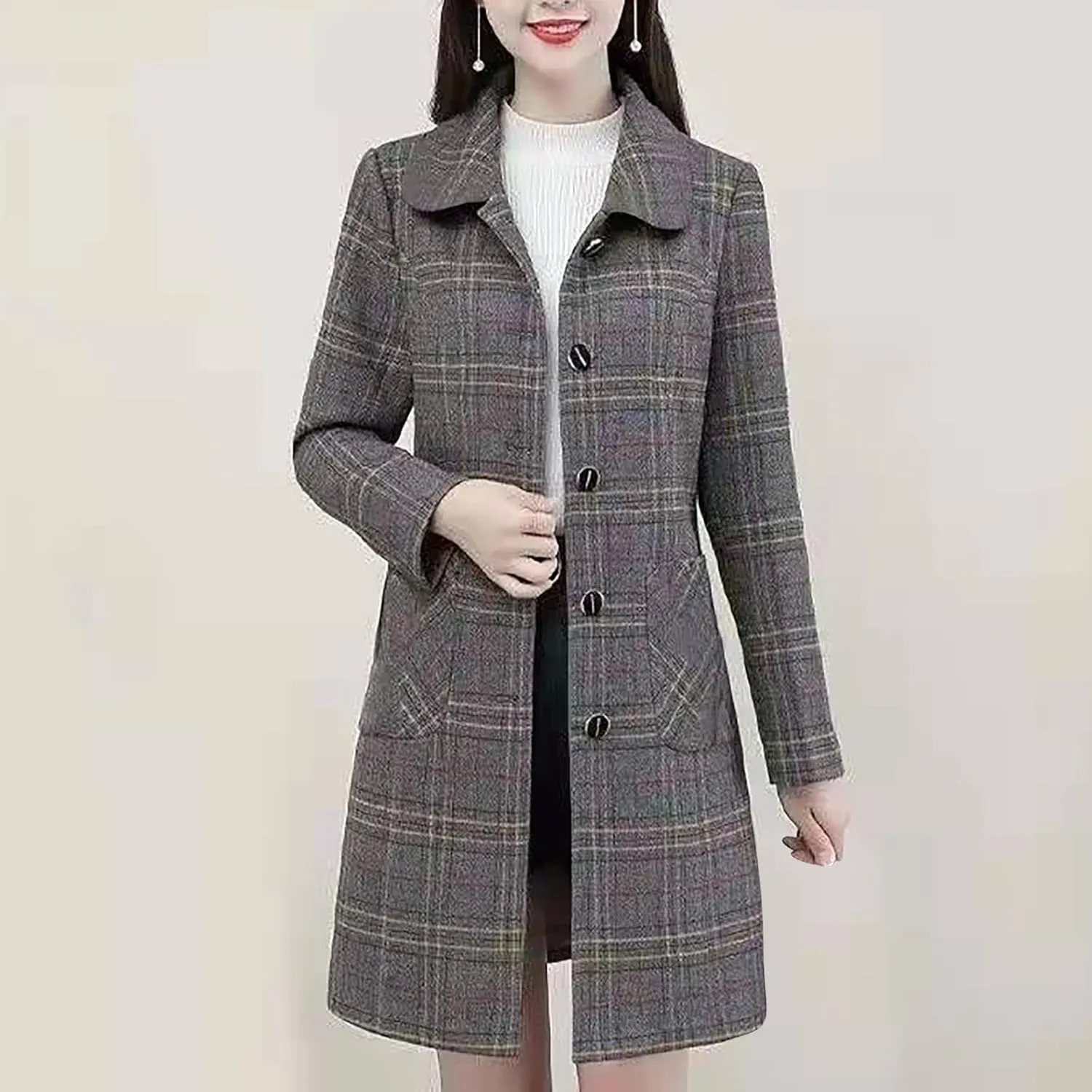 Coats for Women Plaid Lapel Peacoats Wool Blend Single-Breasted Mid-Long Trench Coats Slim Fit Temperament Overcoat