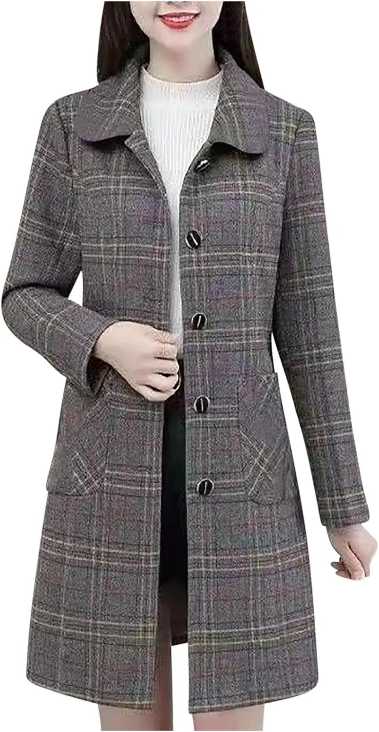 Coats for Women Plaid Lapel Peacoats Wool Blend Single-Breasted Mid-Long Trench Coats Slim Fit Temperament Overcoat