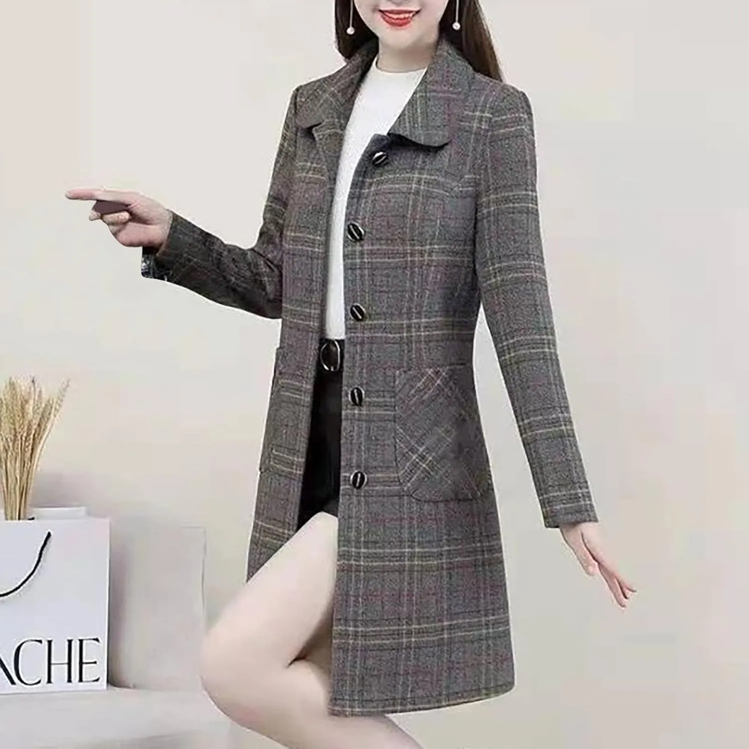Coats for Women Plaid Lapel Peacoats Wool Blend Single-Breasted Mid-Long Trench Coats Slim Fit Temperament Overcoat