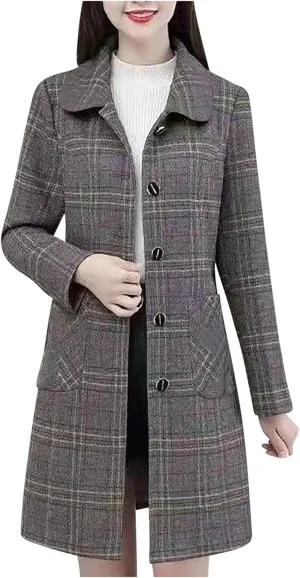 Coats for Women Plaid Lapel Peacoats Wool Blend Single-Breasted Mid-Long Trench Coats Slim Fit Temperament Overcoat