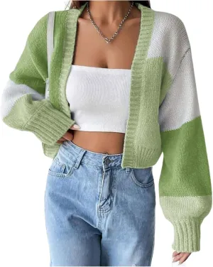 Color Block Cardigan for Women Cute Cropped Knit Open Front Cardigan Sweater Casual Long Sleeve Jacket Outerwear