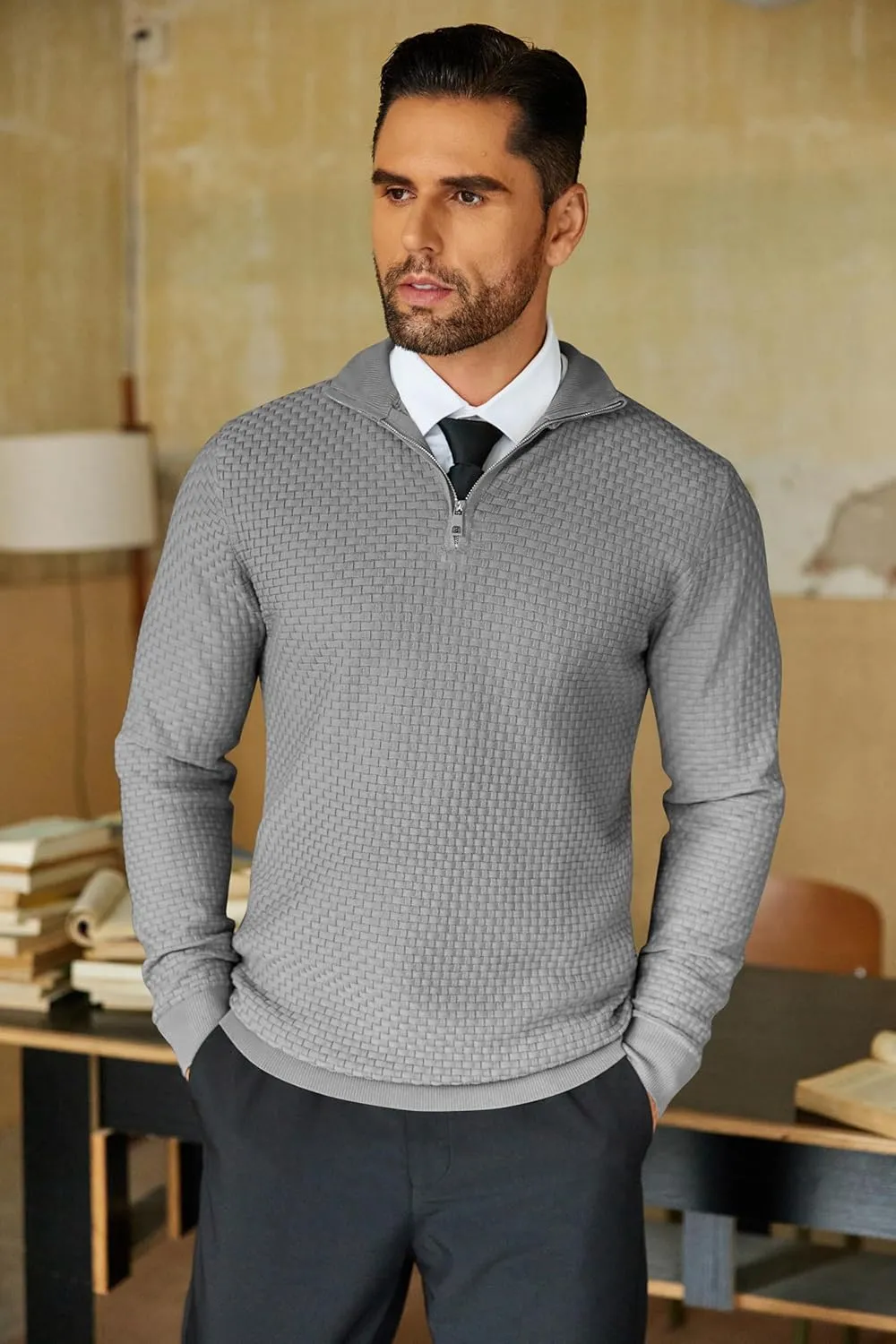 COOFANDY Men's Quarter Zip Sweaters Slim Fit Lightweight Knitted Mock Neck Pullover Casual Polo Sweaters