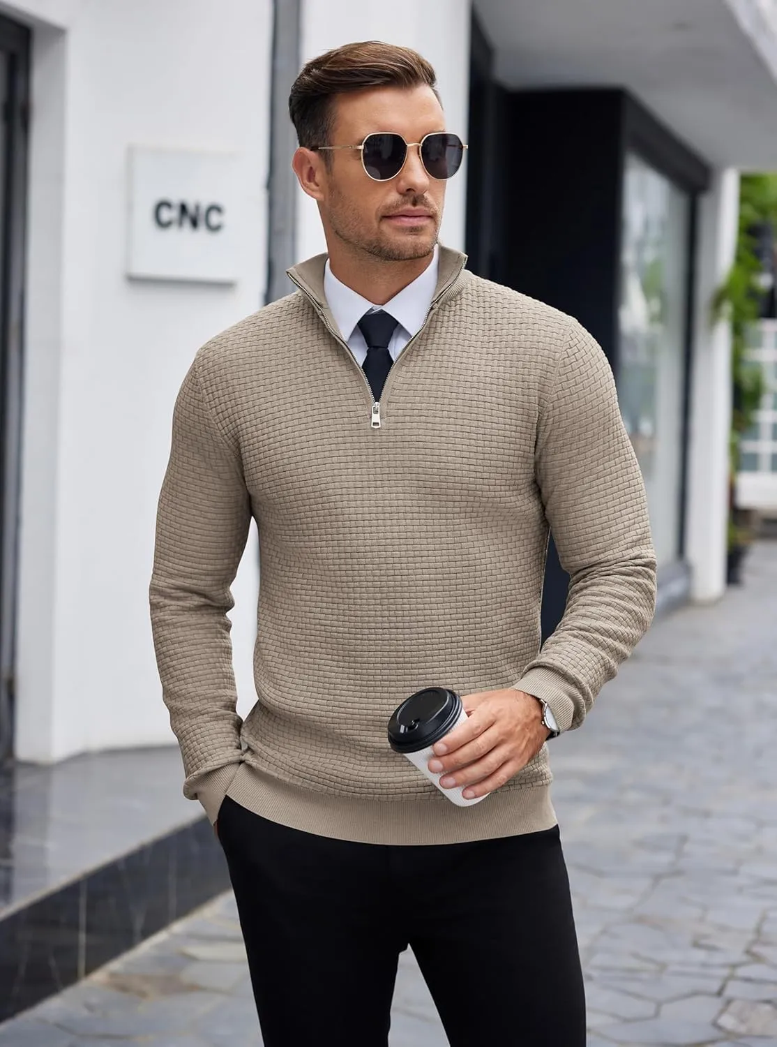 COOFANDY Men's Quarter Zip Sweaters Slim Fit Lightweight Knitted Mock Neck Pullover Casual Polo Sweaters