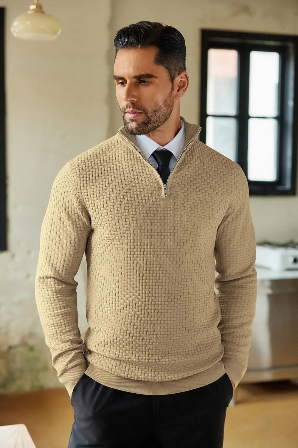 COOFANDY Men's Quarter Zip Sweaters Slim Fit Lightweight Knitted Mock Neck Pullover Casual Polo Sweaters
