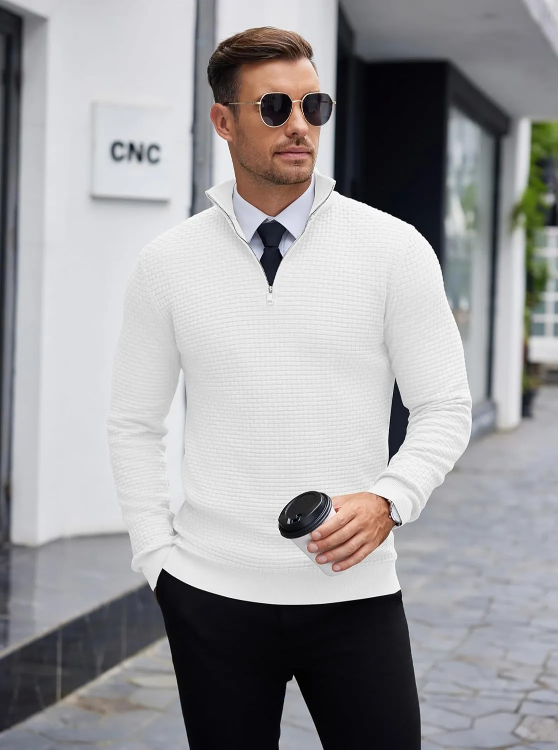 COOFANDY Men's Quarter Zip Sweaters Slim Fit Lightweight Knitted Mock Neck Pullover Casual Polo Sweaters