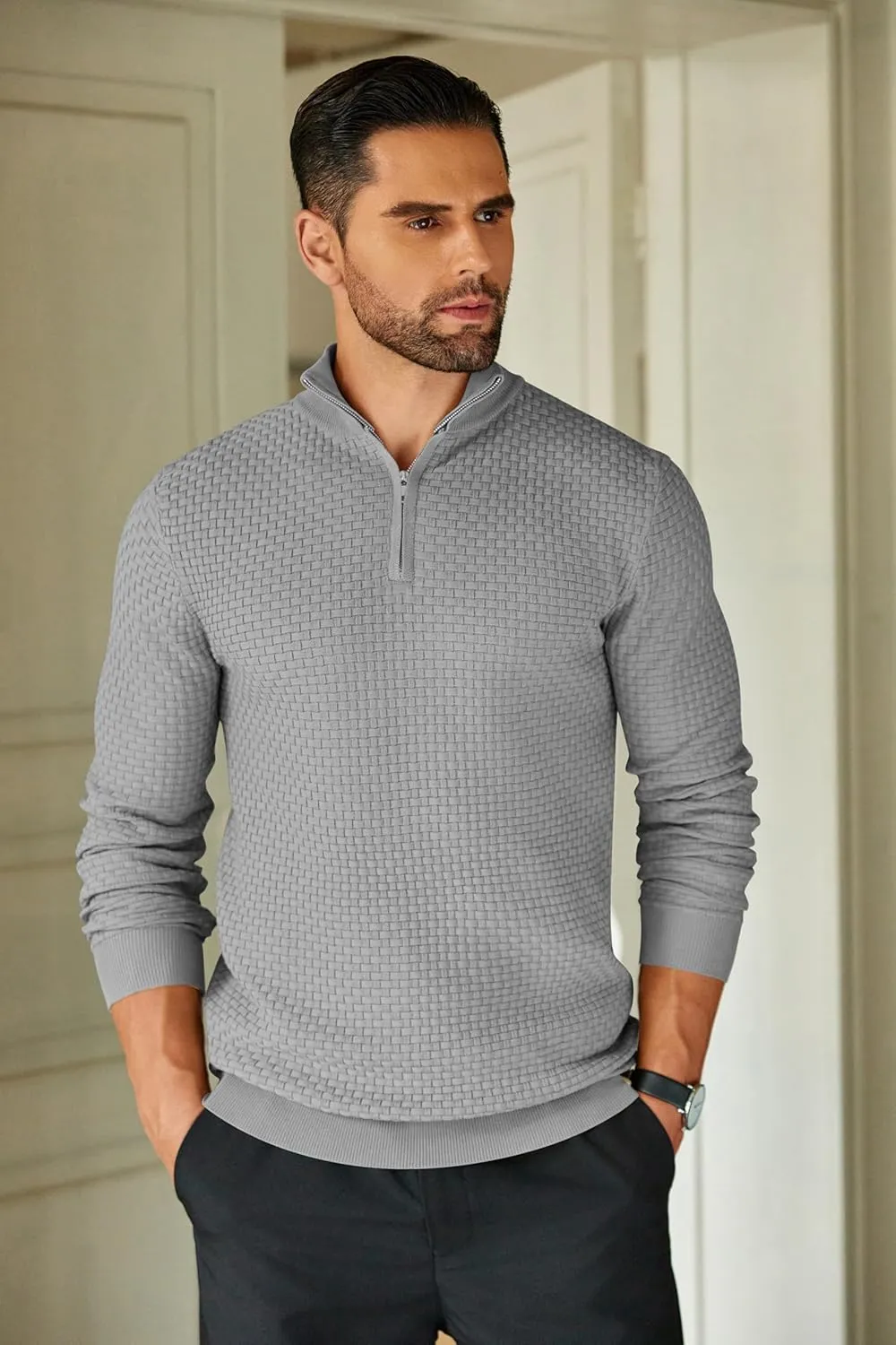 COOFANDY Men's Quarter Zip Sweaters Slim Fit Lightweight Knitted Mock Neck Pullover Casual Polo Sweaters