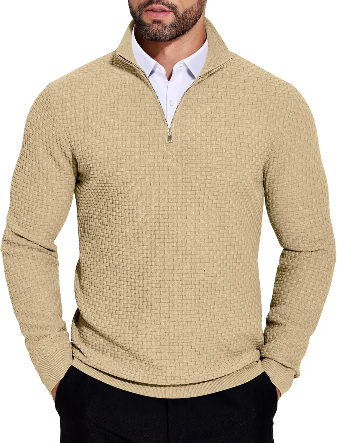 COOFANDY Men's Quarter Zip Sweaters Slim Fit Lightweight Knitted Mock Neck Pullover Casual Polo Sweaters