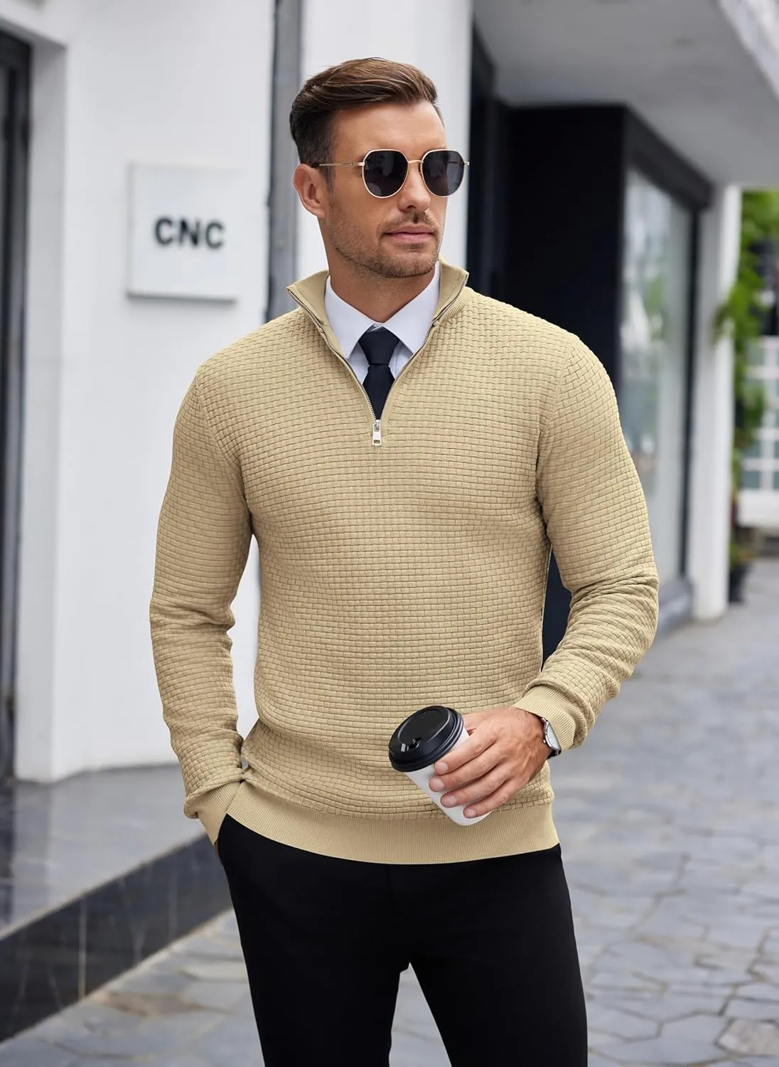 COOFANDY Men's Quarter Zip Sweaters Slim Fit Lightweight Knitted Mock Neck Pullover Casual Polo Sweaters