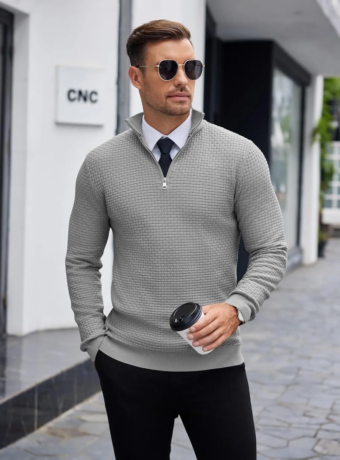 COOFANDY Men's Quarter Zip Sweaters Slim Fit Lightweight Knitted Mock Neck Pullover Casual Polo Sweaters
