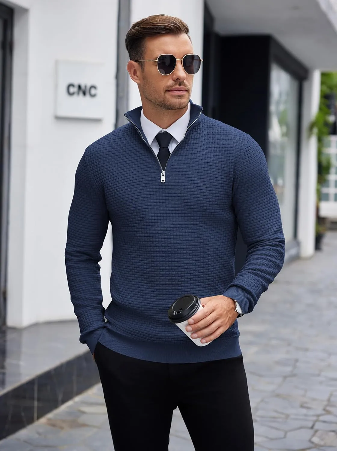 COOFANDY Men's Quarter Zip Sweaters Slim Fit Lightweight Knitted Mock Neck Pullover Casual Polo Sweaters