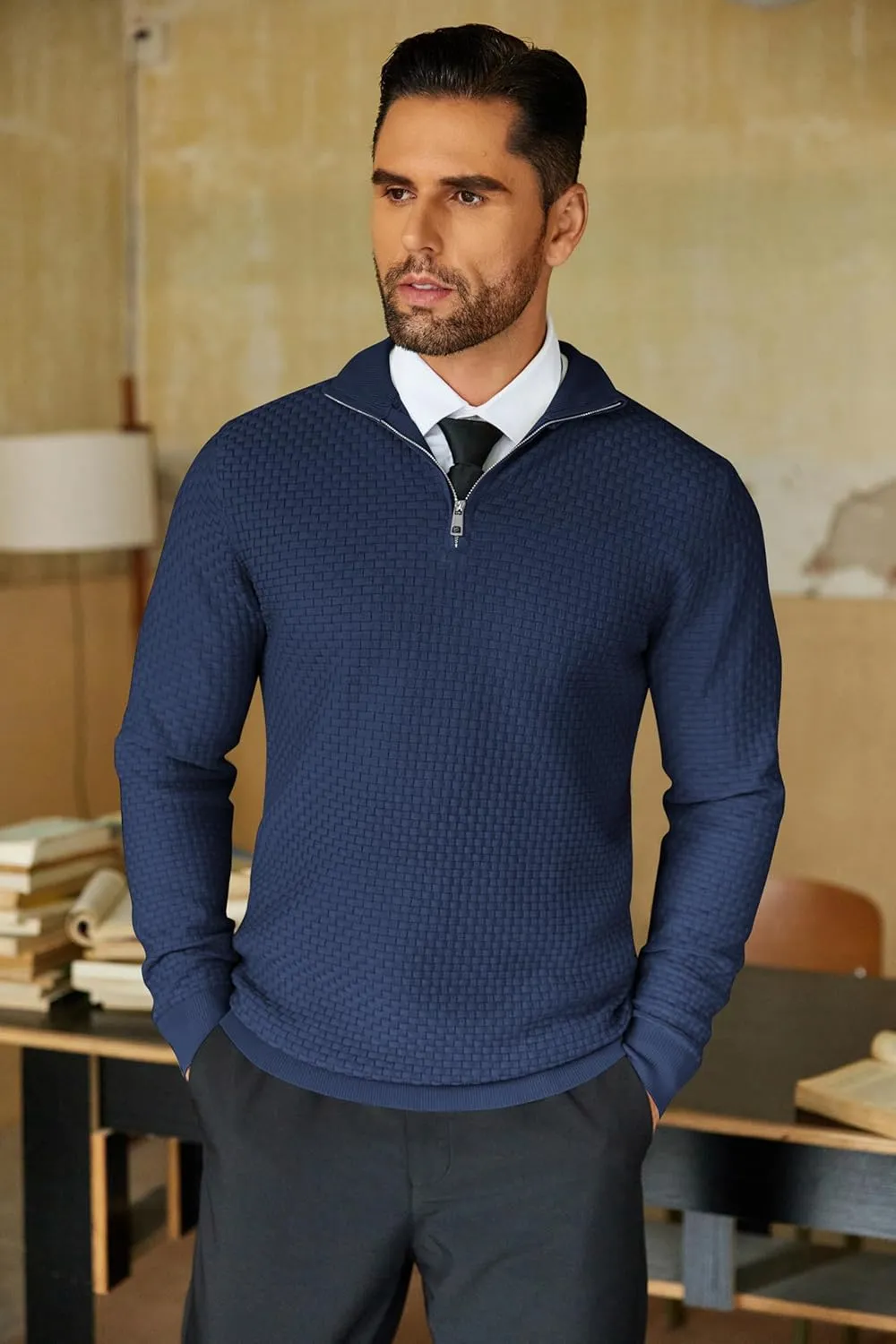 COOFANDY Men's Quarter Zip Sweaters Slim Fit Lightweight Knitted Mock Neck Pullover Casual Polo Sweaters