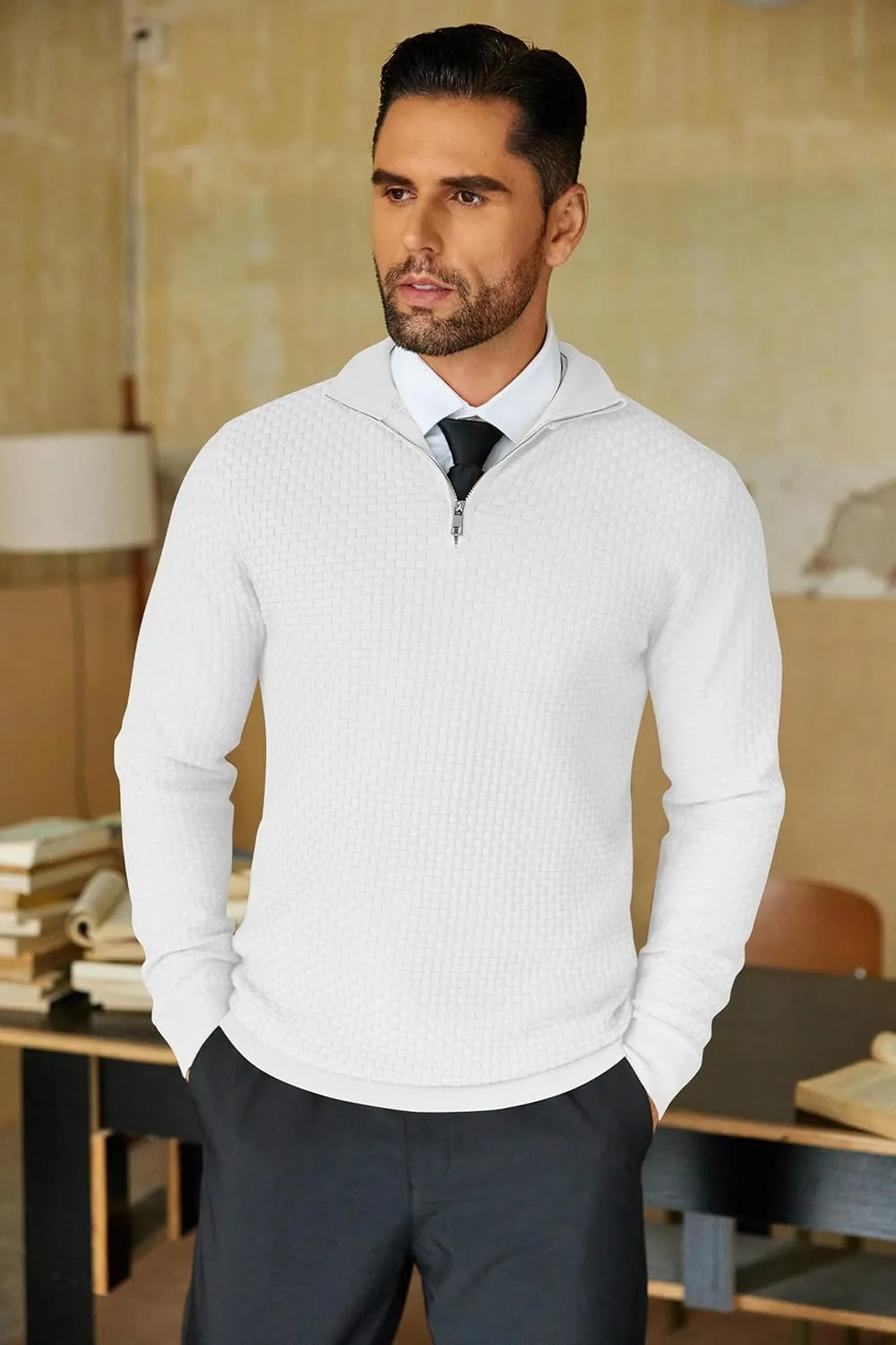COOFANDY Men's Quarter Zip Sweaters Slim Fit Lightweight Knitted Mock Neck Pullover Casual Polo Sweaters