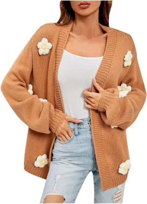 cooki Fall Cardigans for Women Open Front Long Sleeve Lightweight Casual Floral Applique Chunky Knit Cardigan Sweaters