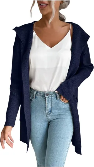 cooki Long Cardigans for Women Open Front Long Sleeve Lightweight Fall Sweaters with Pockets Chunky Knit Hooded Sweaters