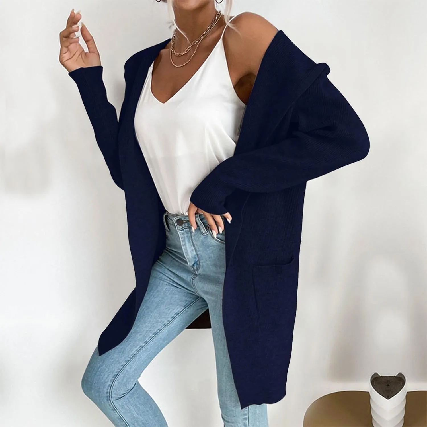 cooki Long Cardigans for Women Open Front Long Sleeve Lightweight Fall Sweaters with Pockets Chunky Knit Hooded Sweaters