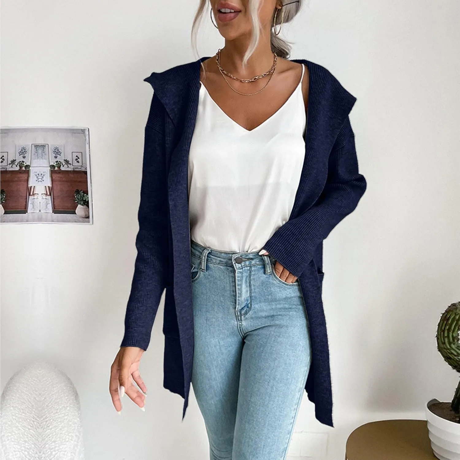 cooki Long Cardigans for Women Open Front Long Sleeve Lightweight Fall Sweaters with Pockets Chunky Knit Hooded Sweaters