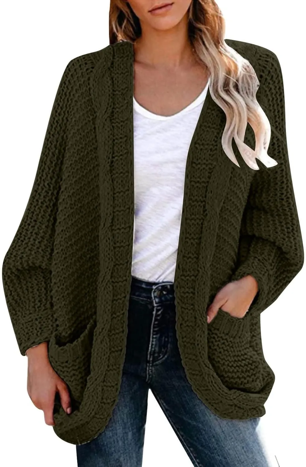 cooki Women's 2024 Fall Open Front Cardigan Long Batwing Sleeve Chunky Knit Sweater Loose Outerwear Coats with Pockets