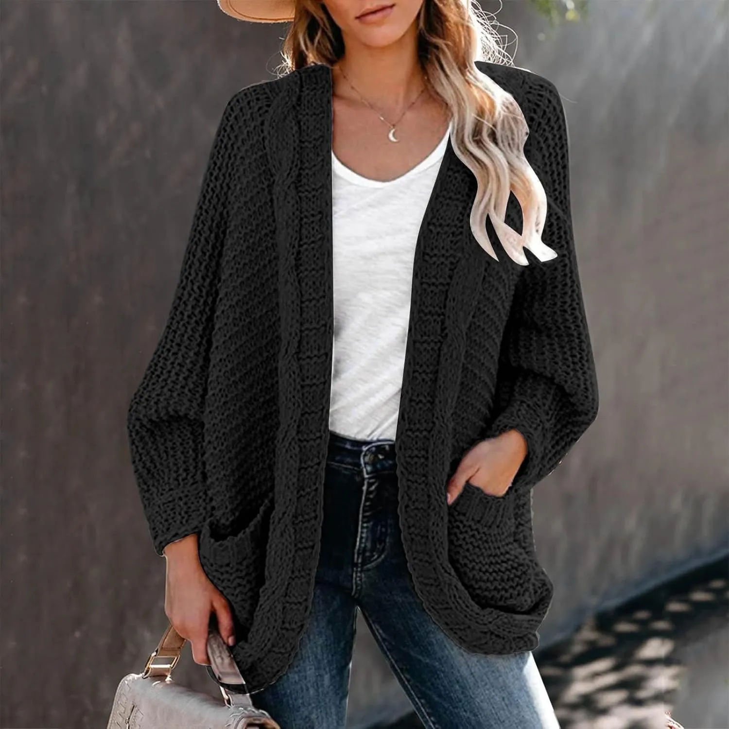 cooki Women's 2024 Fall Open Front Cardigan Long Batwing Sleeve Chunky Knit Sweater Loose Outerwear Coats with Pockets