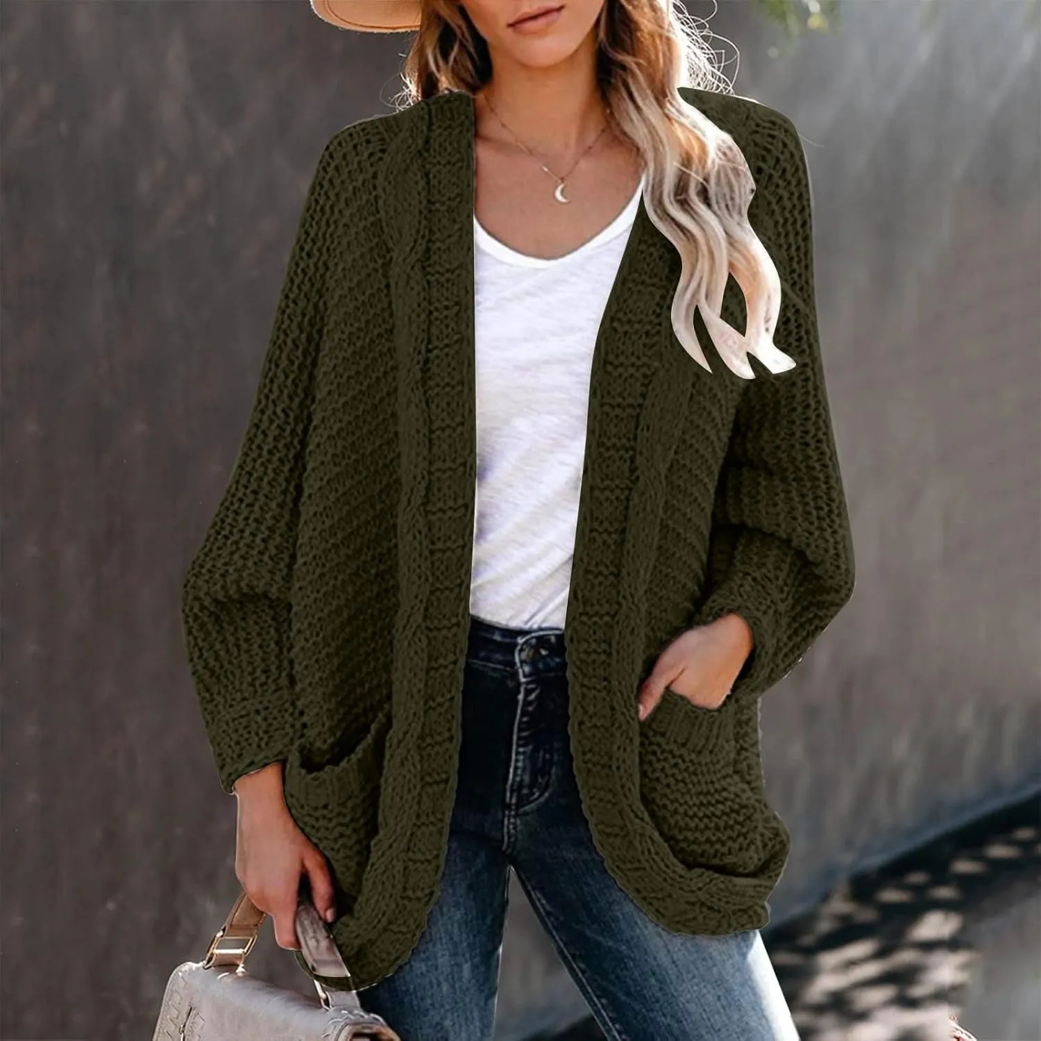 cooki Women's 2024 Fall Open Front Cardigan Long Batwing Sleeve Chunky Knit Sweater Loose Outerwear Coats with Pockets