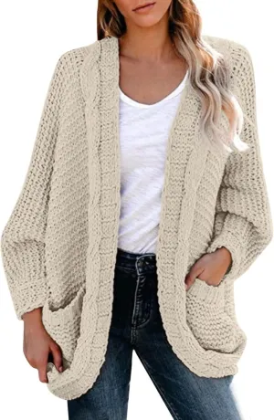 cooki Women's 2024 Fall Open Front Cardigan Long Batwing Sleeve Chunky Knit Sweater Loose Outerwear Coats with Pockets