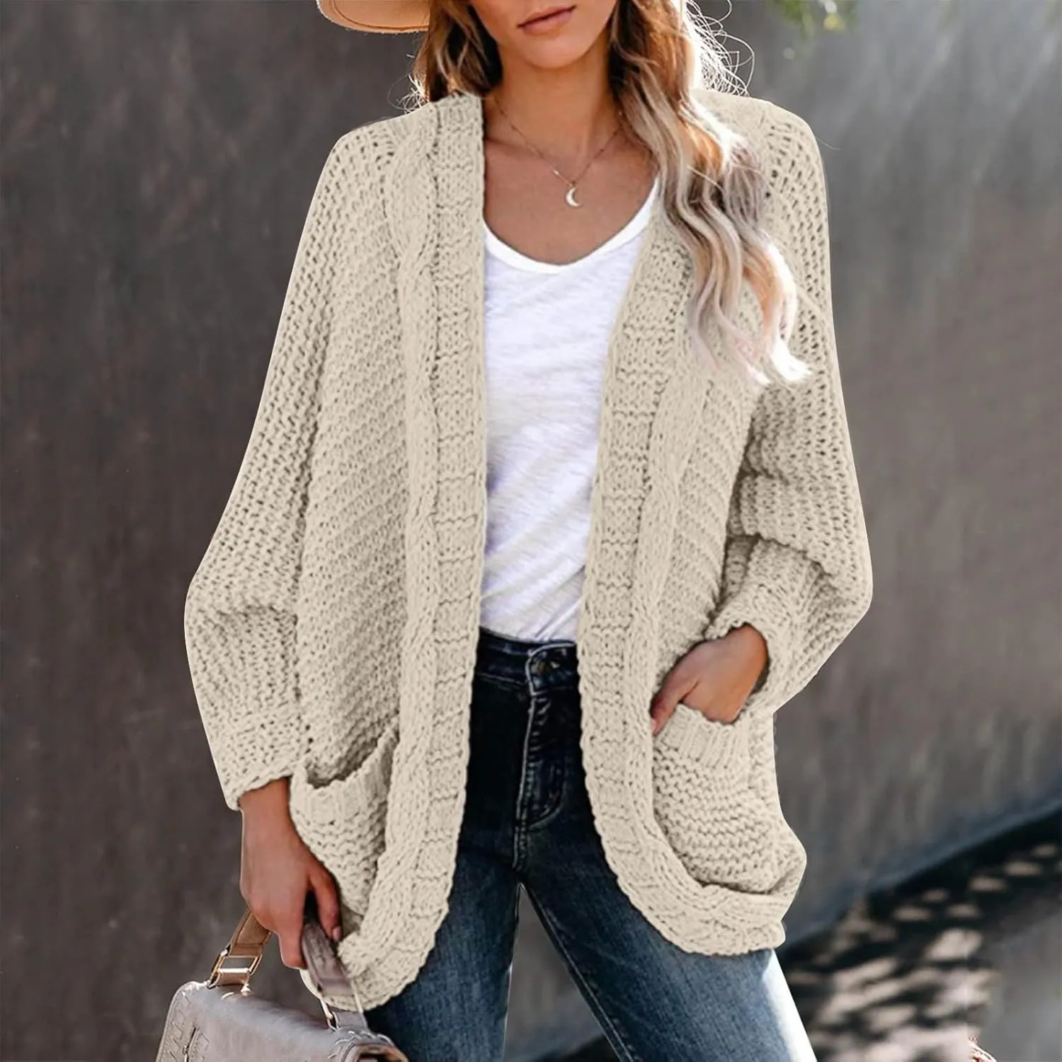 cooki Women's 2024 Fall Open Front Cardigan Long Batwing Sleeve Chunky Knit Sweater Loose Outerwear Coats with Pockets