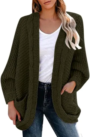 cooki Women's 2024 Fall Open Front Cardigan Long Batwing Sleeve Chunky Knit Sweater Loose Outerwear Coats with Pockets