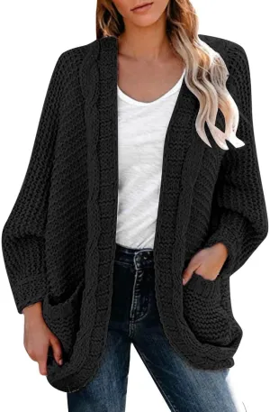 cooki Women's 2024 Fall Open Front Cardigan Long Batwing Sleeve Chunky Knit Sweater Loose Outerwear Coats with Pockets