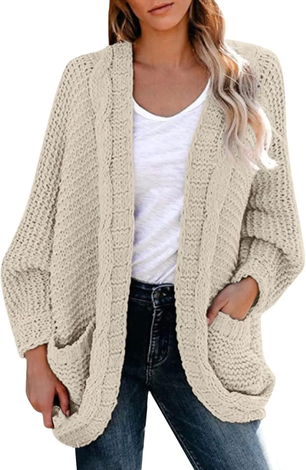 cooki Women's 2024 Fall Open Front Cardigan Long Batwing Sleeve Chunky Knit Sweater Loose Outerwear Coats with Pockets