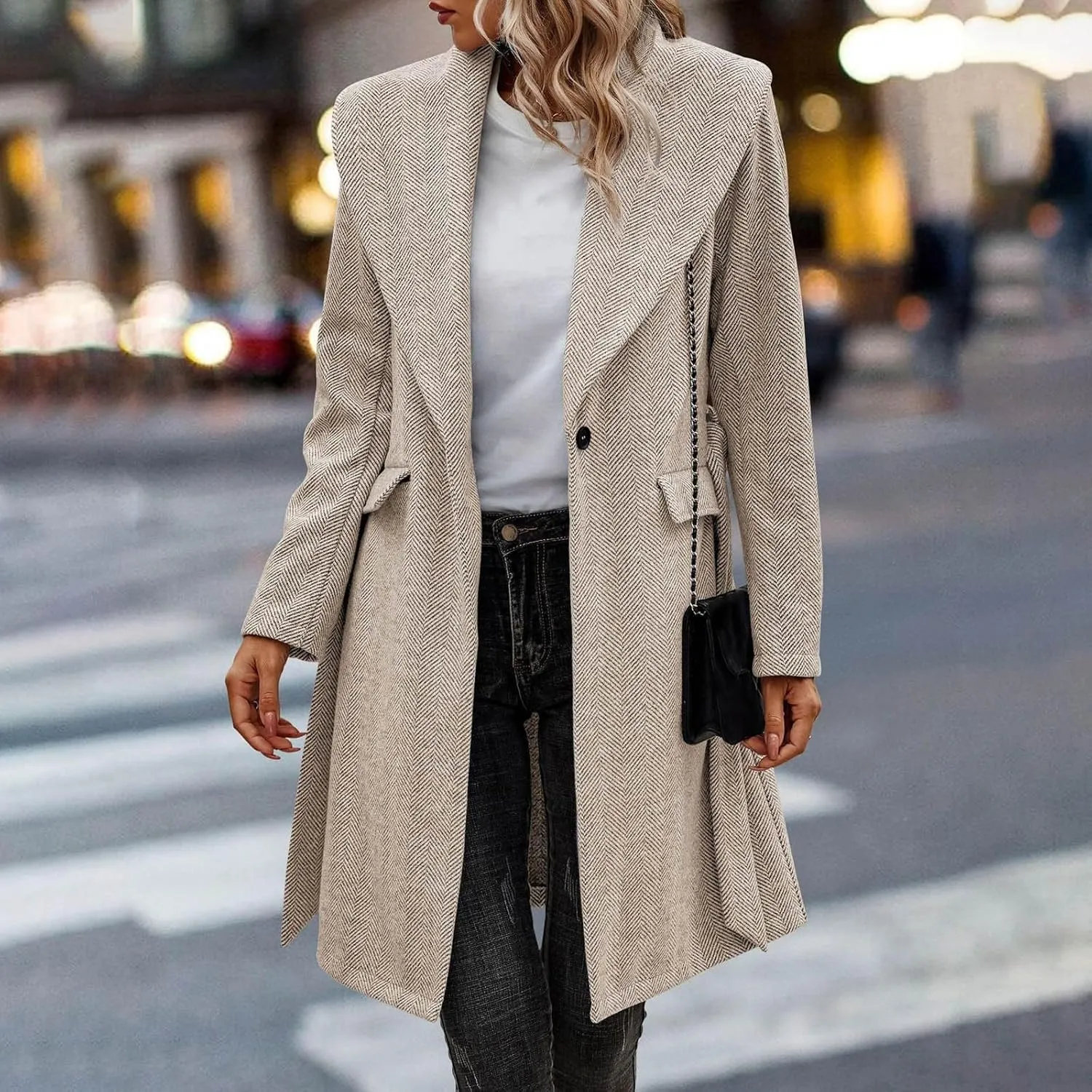 cooki Wool Coats for Women Long Women's Wool Coat Knee Length Warm Winter Trench Coats Lapel Button Down Peacoat With Belt