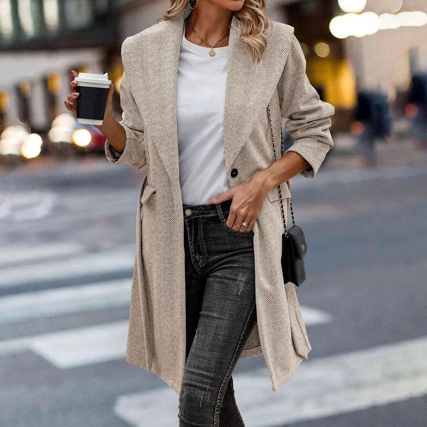 cooki Wool Coats for Women Long Women's Wool Coat Knee Length Warm Winter Trench Coats Lapel Button Down Peacoat With Belt
