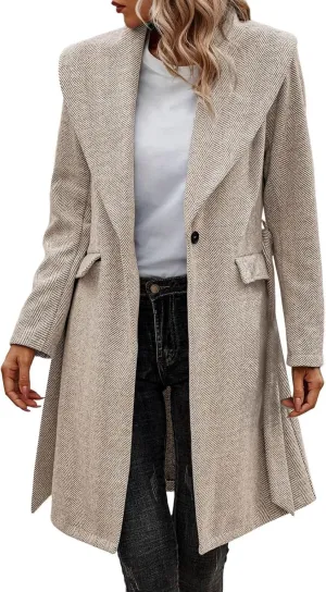 cooki Wool Coats for Women Long Women's Wool Coat Knee Length Warm Winter Trench Coats Lapel Button Down Peacoat With Belt