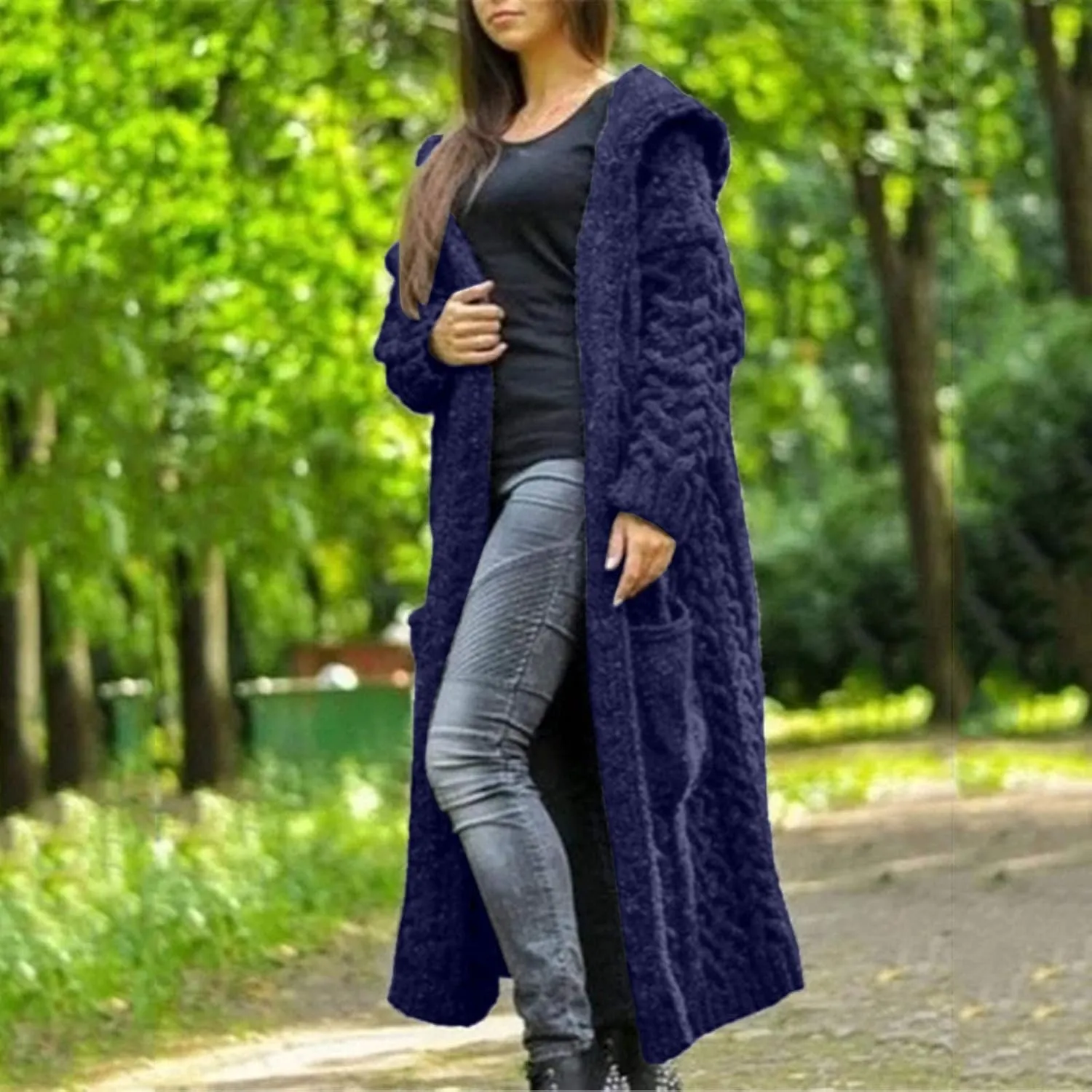 Corduroy Jacket Women Oversized Baggy Knit Sweater Tops Long Sleeve Hooded Cardigan Coat with Pockets